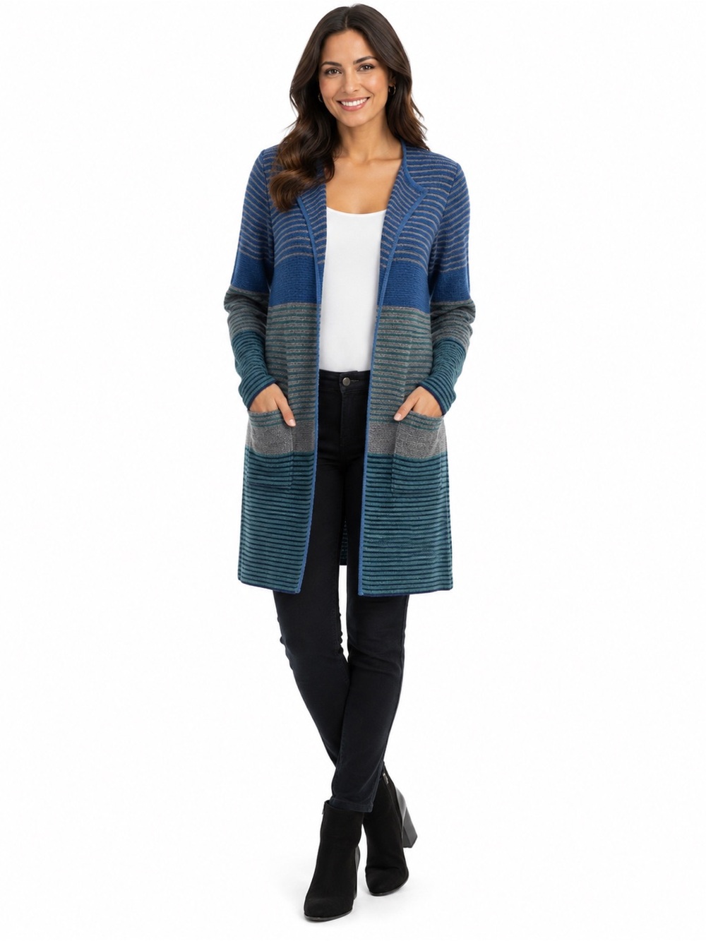 Talbots 100% Merino Wool Striped Open-Front Cardigan